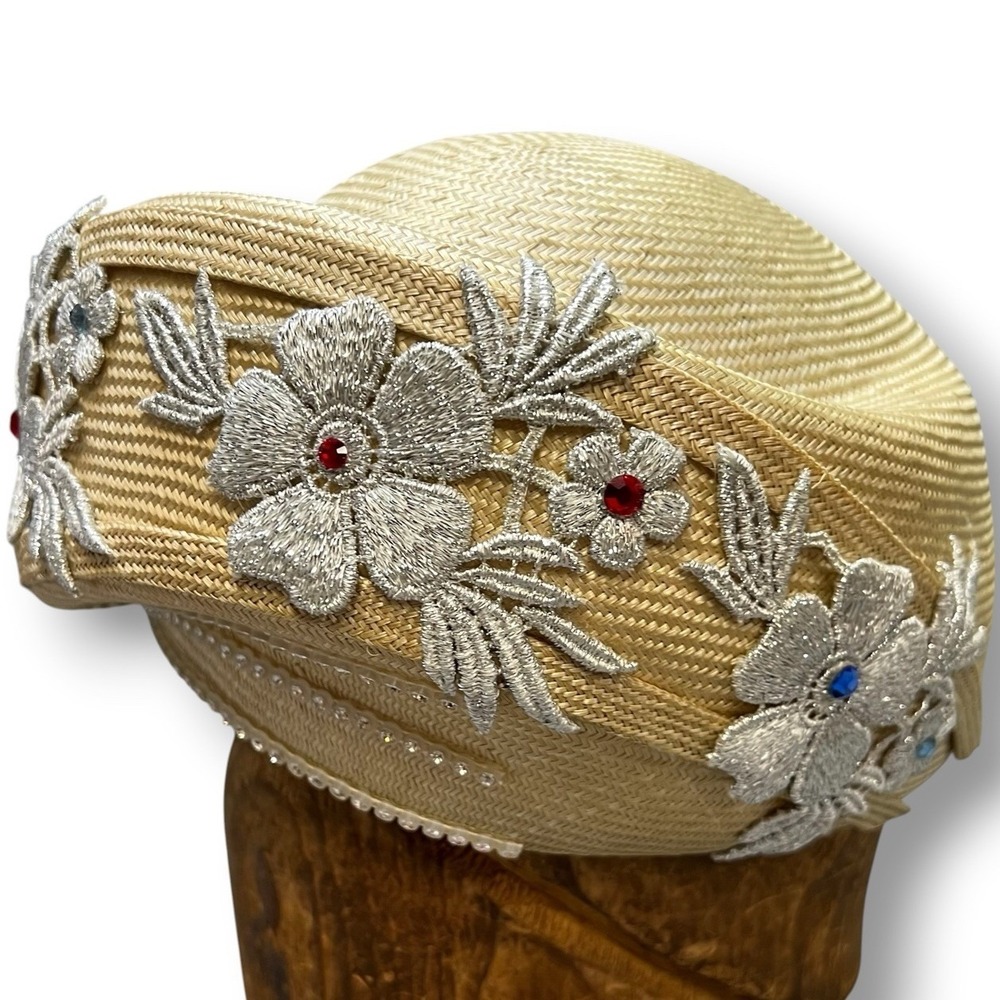 Vintage Jack McConnell Boutique Straw Hat Floral Embroidered Rhinestone Church